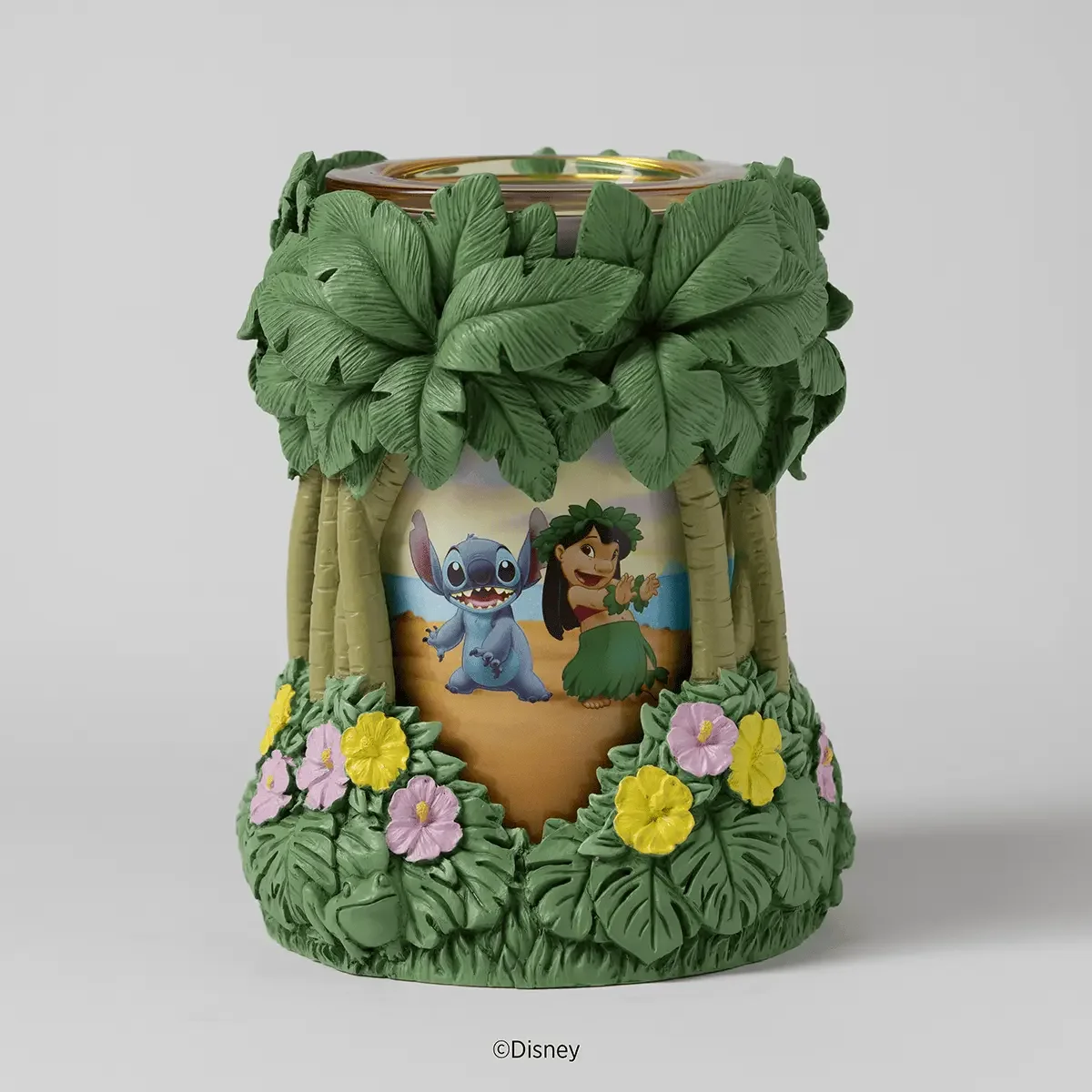 Disney Lilo & Stitch Aloha-Ohana Scentsy Warmer featuring an interchangeable Lilo and Stitch glass shade surrounded by tropical foliage