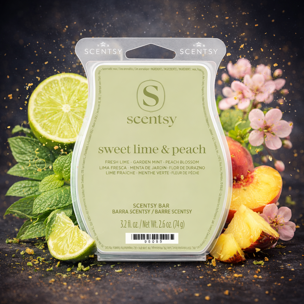 Sweet Lime & Peach Scentsy Wax Bar displayed with fresh lime wedges, garden mint leaves and soft peach blossom accents with light mist and water droplets.