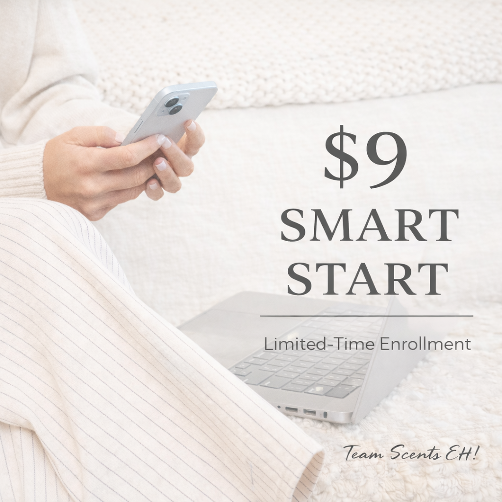 Square promotional image for Join Scentsy for $9 Smart Start enrollment, featuring a neutral lifestyle scene with phone and laptop and “$9 Smart Start” text overlay