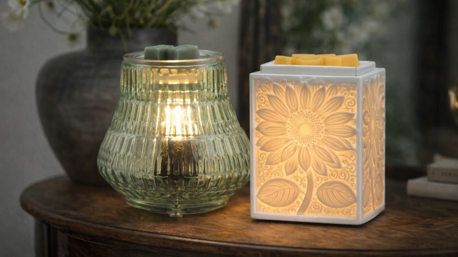Two Scentsy large wax warmers styled in a modern home setting, showcasing glass and ceramic designs with warm light and a boutique, spa-inspired feel.