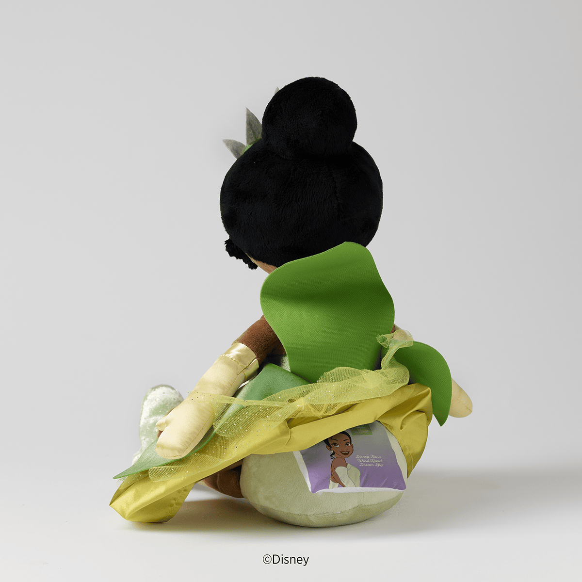 Back view of the Princess Tiana Scentsy Buddy highlighting fabric detailing and Scent Pak pocket placement