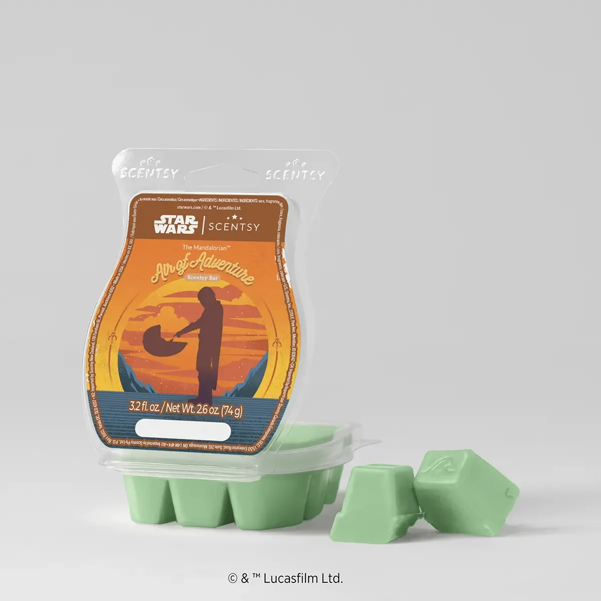 The Mandalorian Air of Adventure Scentsy wax bar with green wax cubes and sunset silhouette design