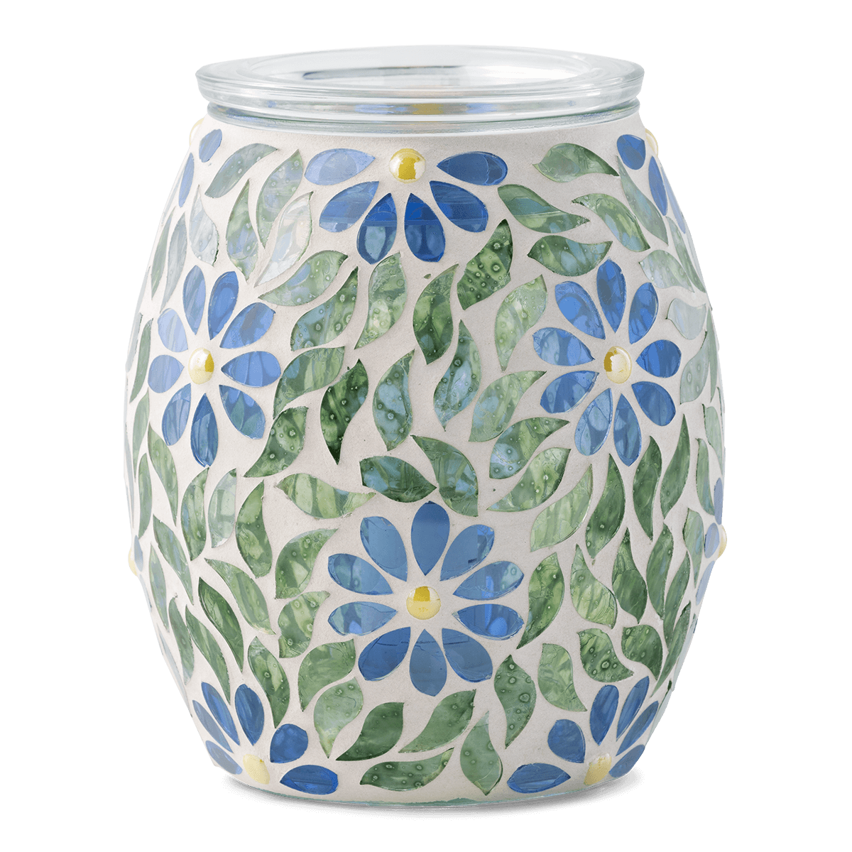 Periwinkle Petals Scentsy Warmer with glass mosaic design on a white background