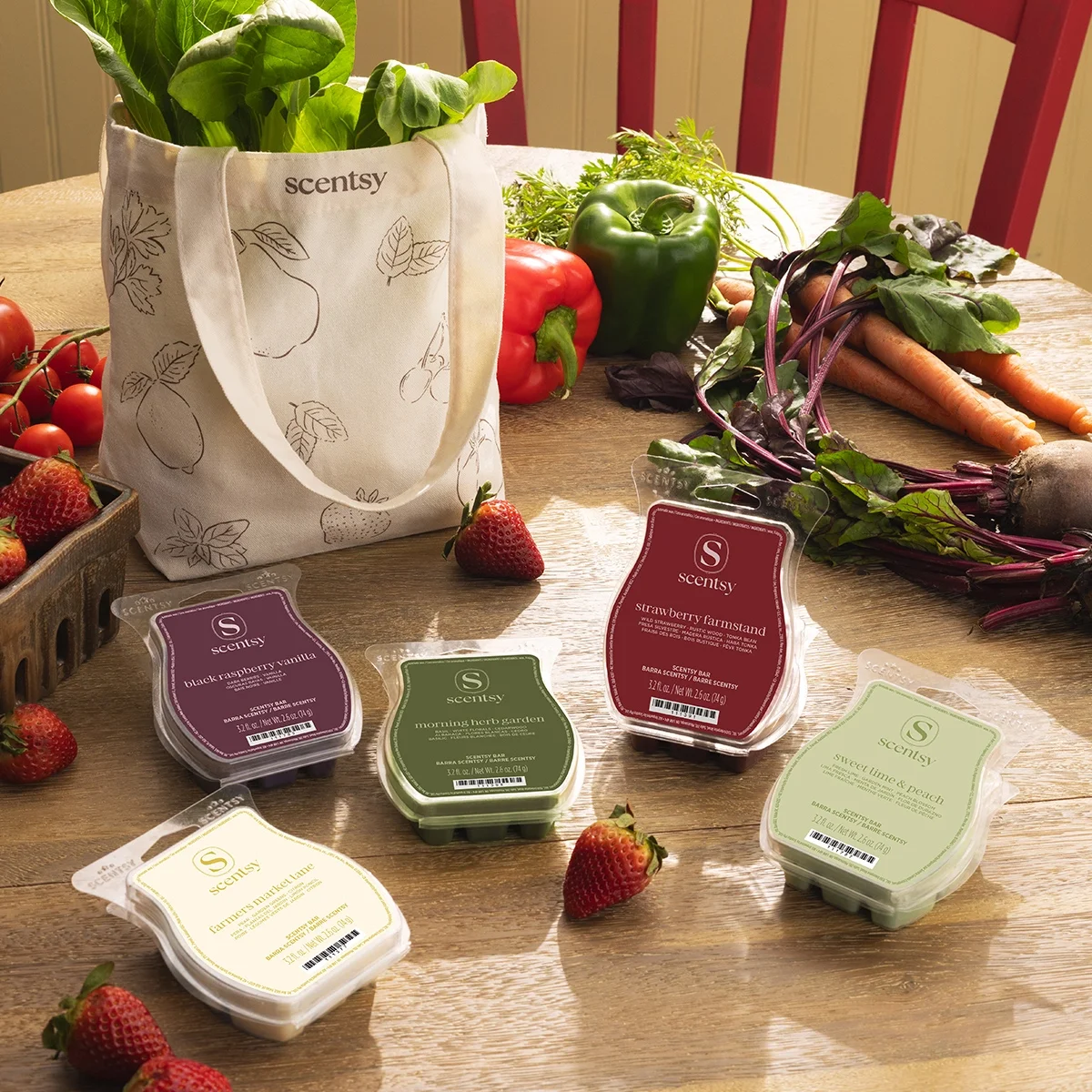 Farmers Market Scentsy Wax Bar 5-pack with canvas tote and fresh produce on table including strawberries greens and vegetables