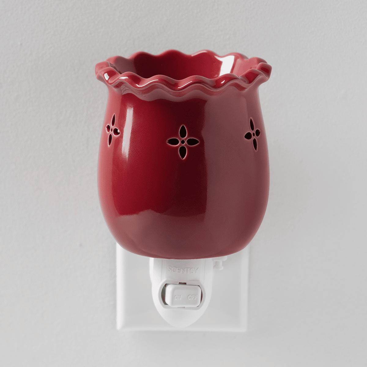 Laurel Red Mini Scentsy Warmer in deep red glossy finish with scalloped edge and cutout details