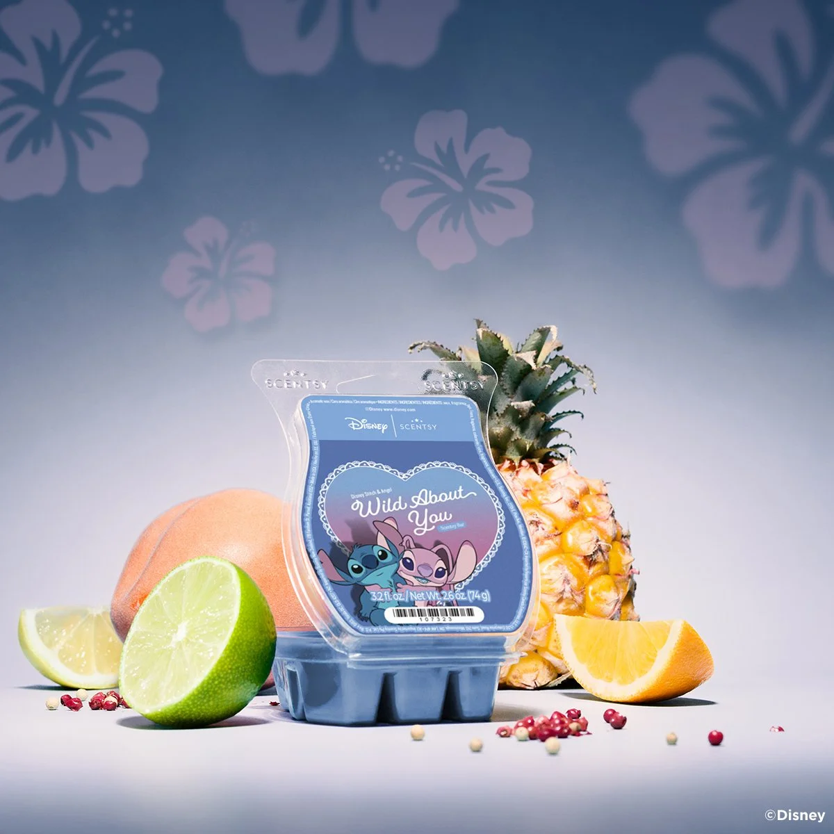 Disney Stitch & Angel: Wild About You Scentsy Wax Bar styled with citrus and tropical fruit to showcase its bright, playful fragrance profile