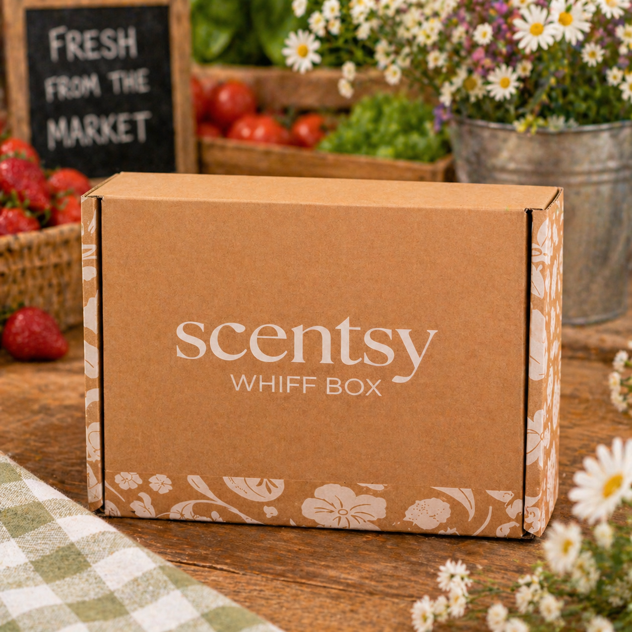Closed Scentsy Whiff Box styled on a rustic wooden table with a soft farmers market background featuring fresh strawberries, greenery, and flowers, creating a warm, seasonal market-inspired setting for the May 2026 Whiff Box.