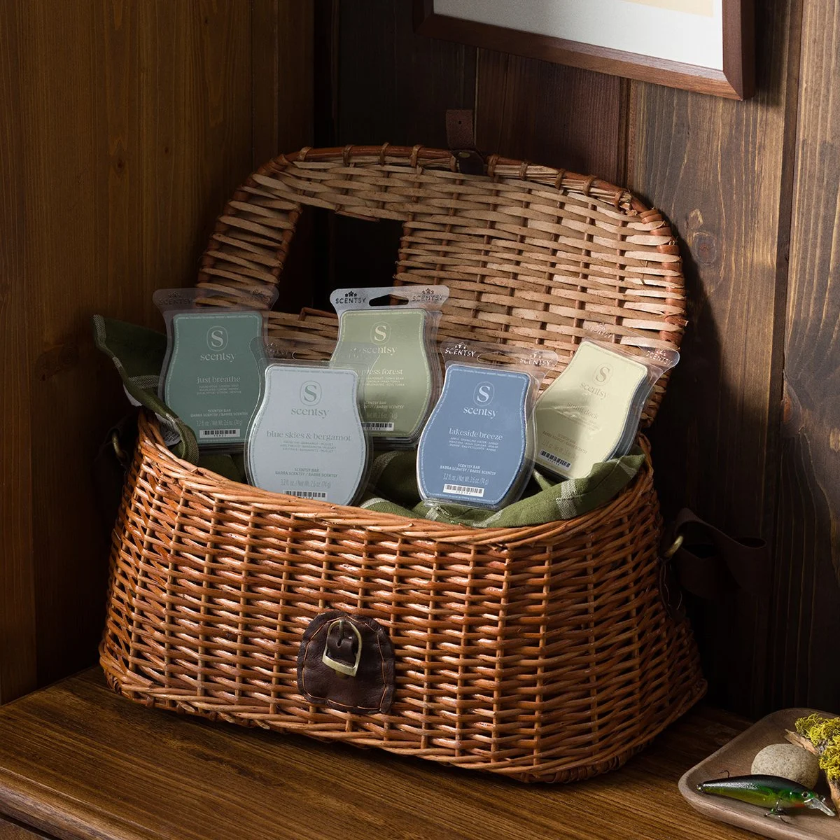 Cozy Cabin Scentsy Wax Bar 5-Pack displayed in a wicker basket in a cozy cabin setting