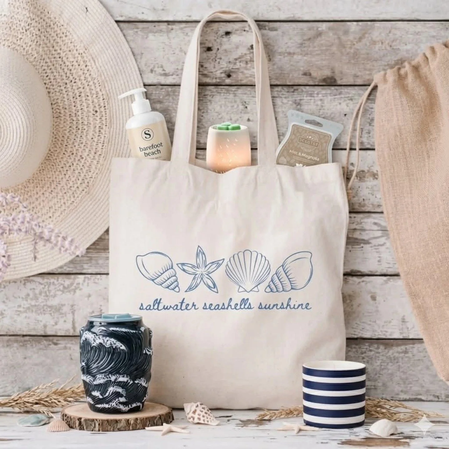Scentsy April 2026 Coastal Collection products styled in beach tote with warmers, wax bars and body care