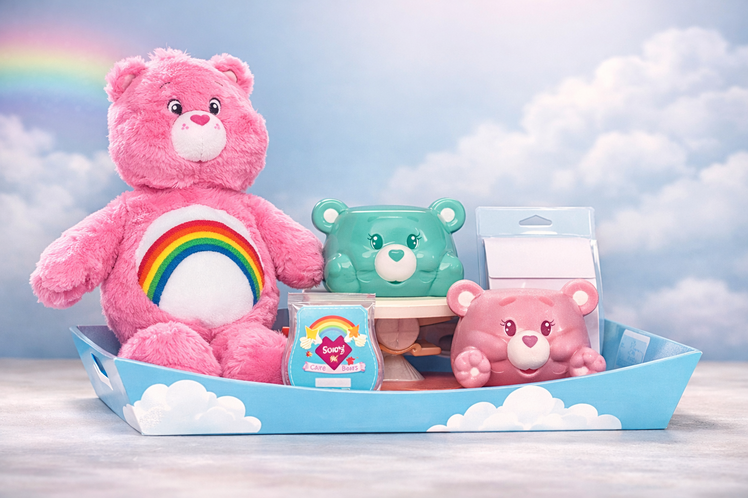 scentsy Care Bears collection styled with cheer bear buddy, cheer bear warmer, grumpy bear warmer in a cloudy and rainbow background
