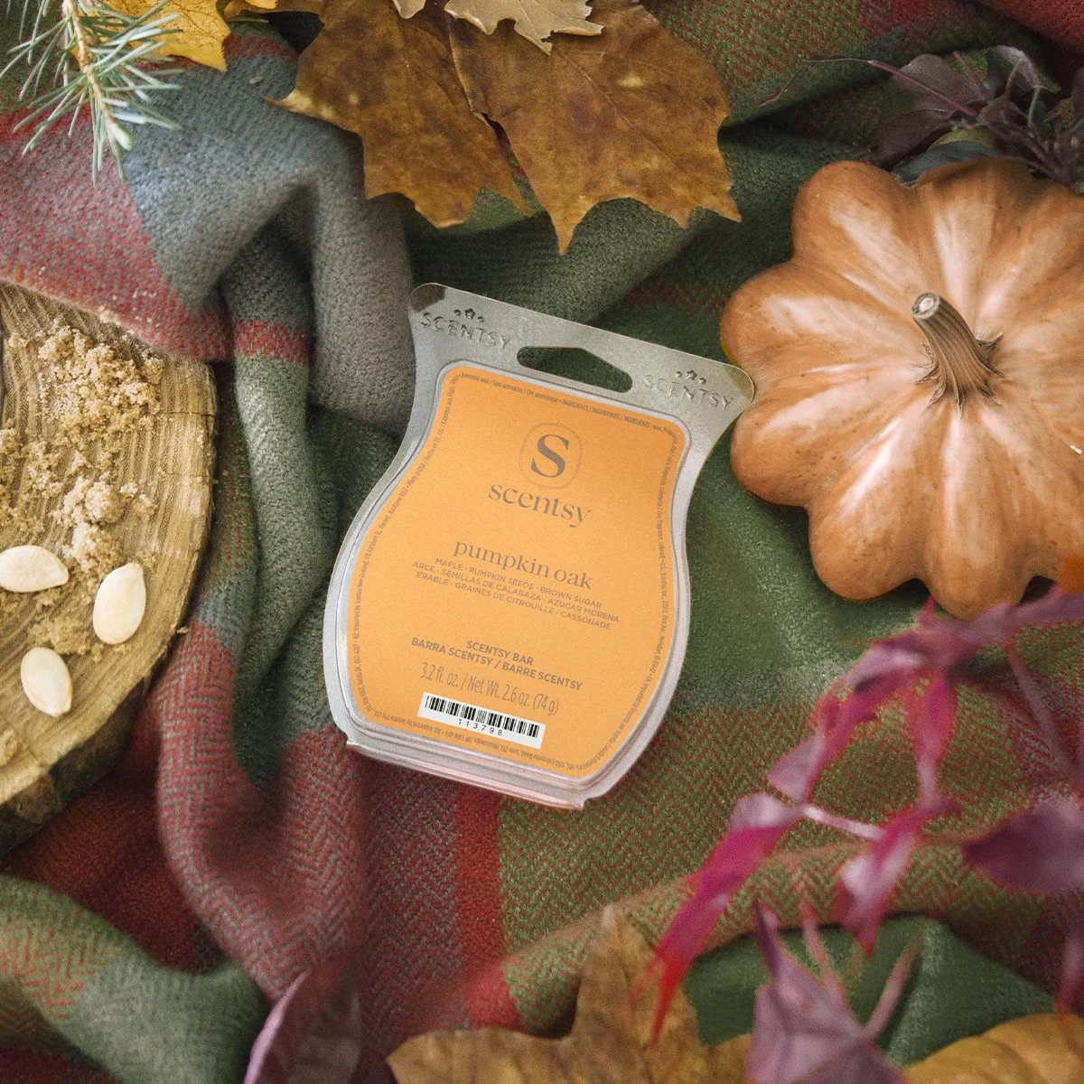 Scentsy Pumpkin Oak Wax Bar from the Harvest Collection 2026 featuring notes of warm maple glaze, roasted pumpkin seeds and creamy butter