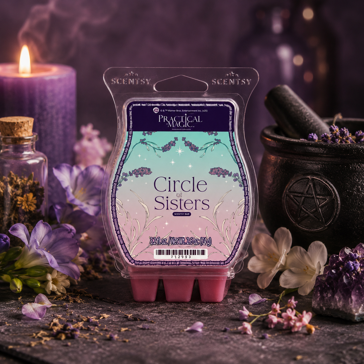 Scentsy Practical Magic Circle Sisters Wax Bar displayed with flowers, herbs and mystical décor inspired by the Practical Magic Collection
