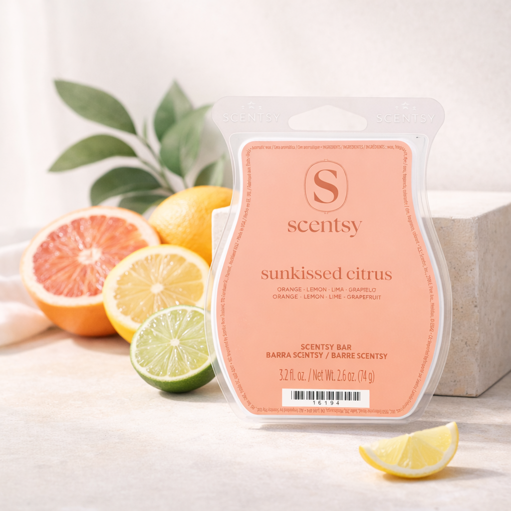 Sunkissed Citrus Scentsy Bar styled with grapefruit, orange, lemon and lime slices on a bright ivory stone surface in soft natural light