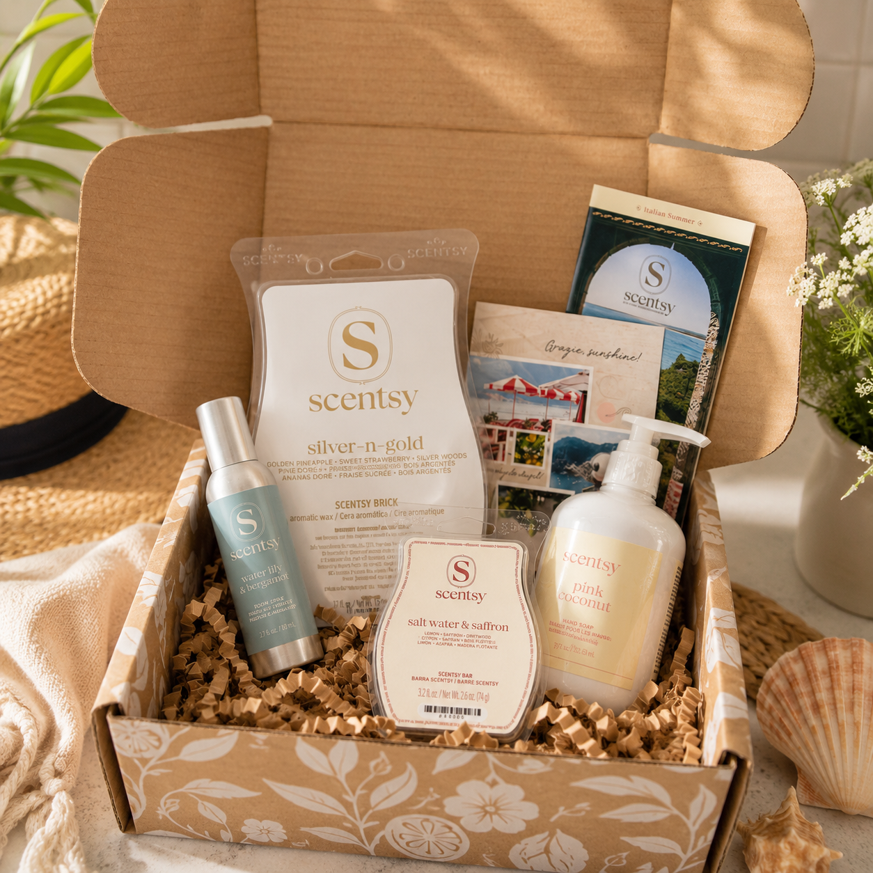 Scentsy Whiff Box July 2026 with exclusive Silver & Gold Scentsy Brick and seasonal Scentsy products.