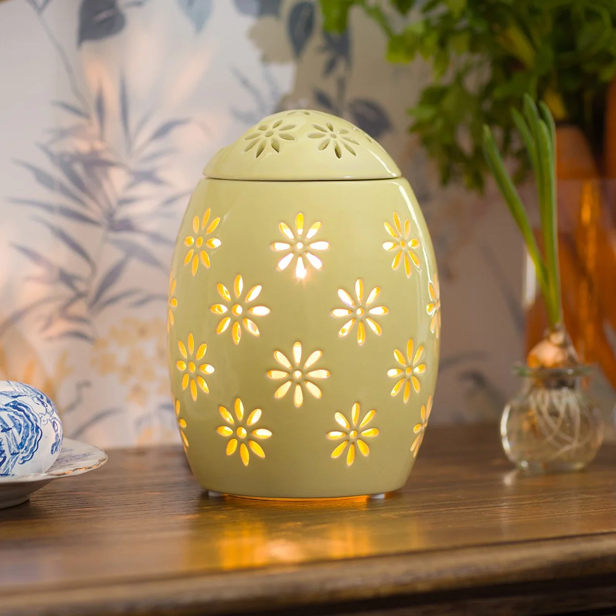 Easter Garden – Yellow Scentsy Warmer styled on a table with light spring décor accents
