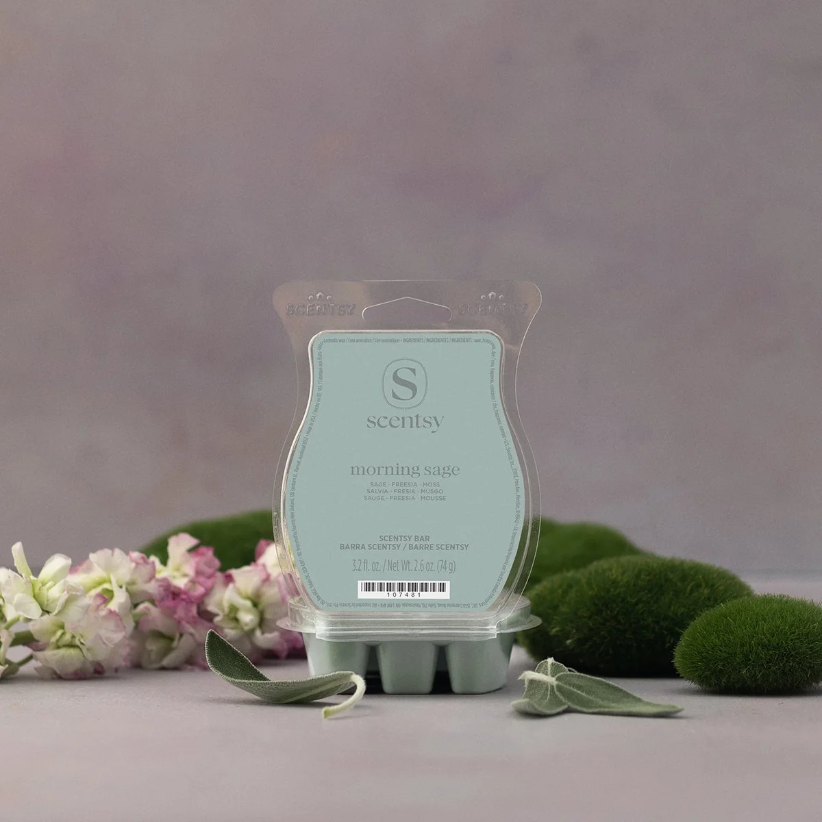 Morning Sage Scentsy Wax Bar styled with fresh sage leaves, freesia blooms and mossy greenery on a clean, natural background