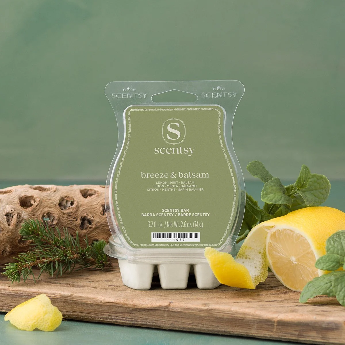 Scentsy Breeze and Balsam wax bar with lemon mint and balsam notes styled with greenery and citrus