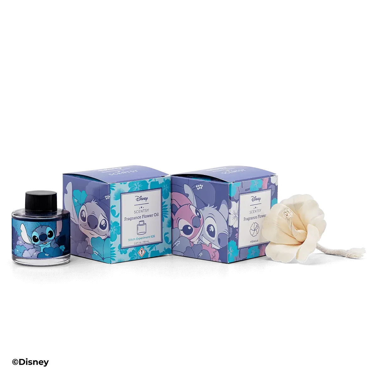 Stitch Experiment 626 Hibiscus Scentsy Fragrance Flower components displayed with product packaging on a white background