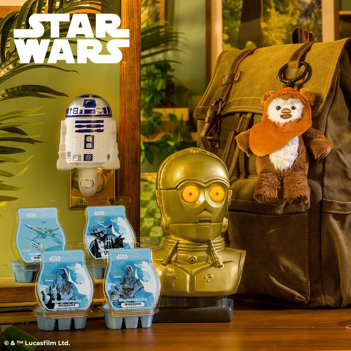 C-3PO Scentsy Warmer, R2-D2 mini warmer and Ewok buddy with Star Wars wax bars in a bright styled display