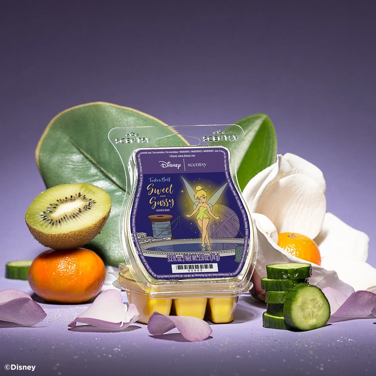 Disney Tinker Bell Sweet and Sassy Scentsy bar with kiwi, citrus, and cucumber ingredients styled on a soft background