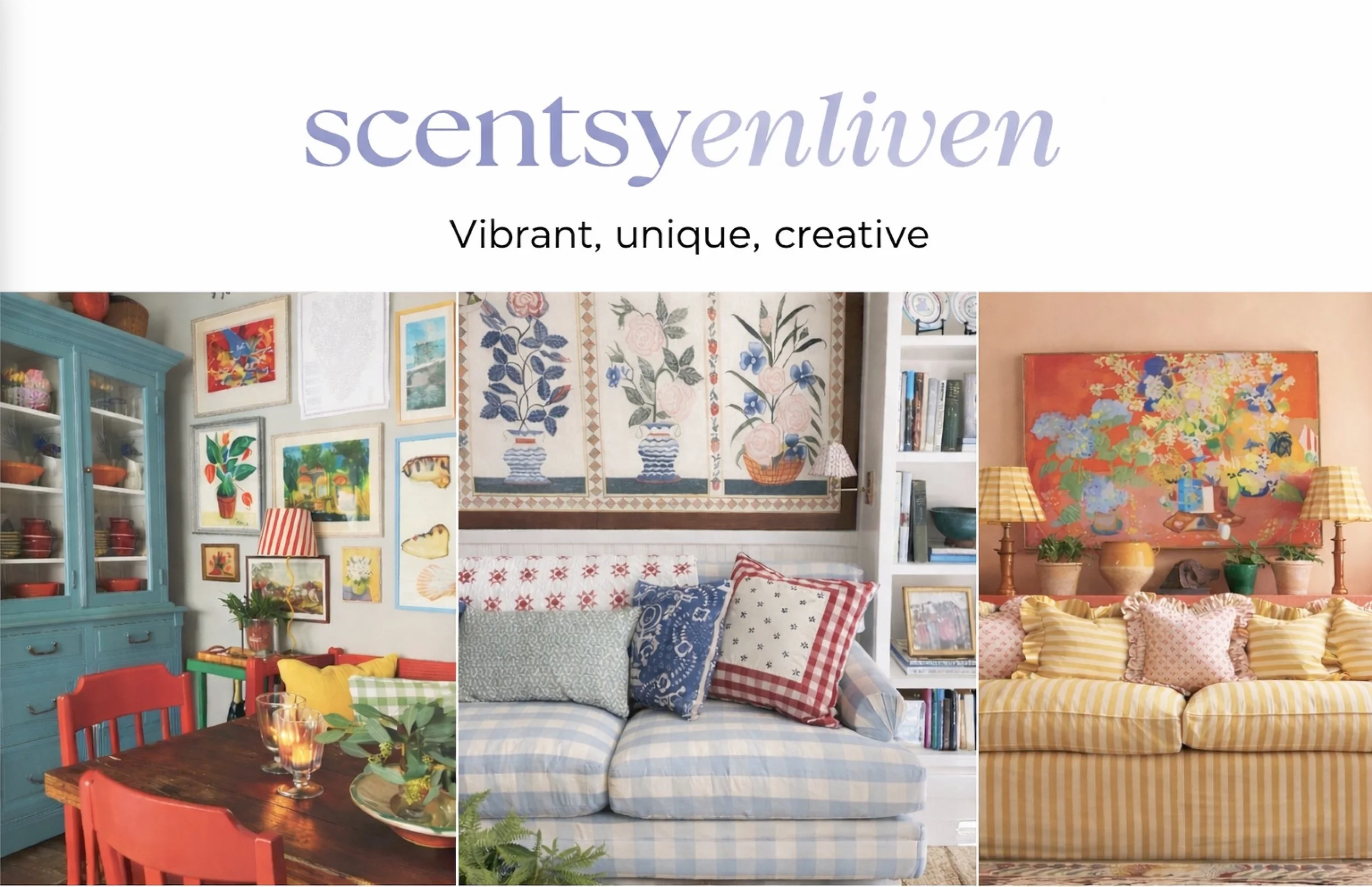Scentsy Enliven decor style featuring vibrant, creative home interiors with bold colour, layered patterns, and expressive design