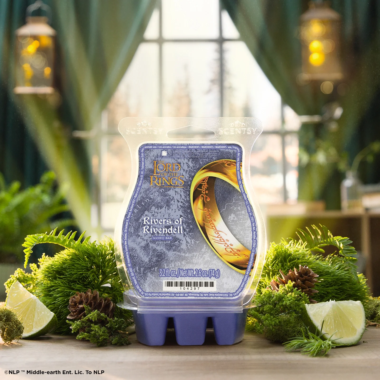 Rivers of Rivendell Scentsy Bar from The Lord of the Rings Collection displayed with greenery and lime
