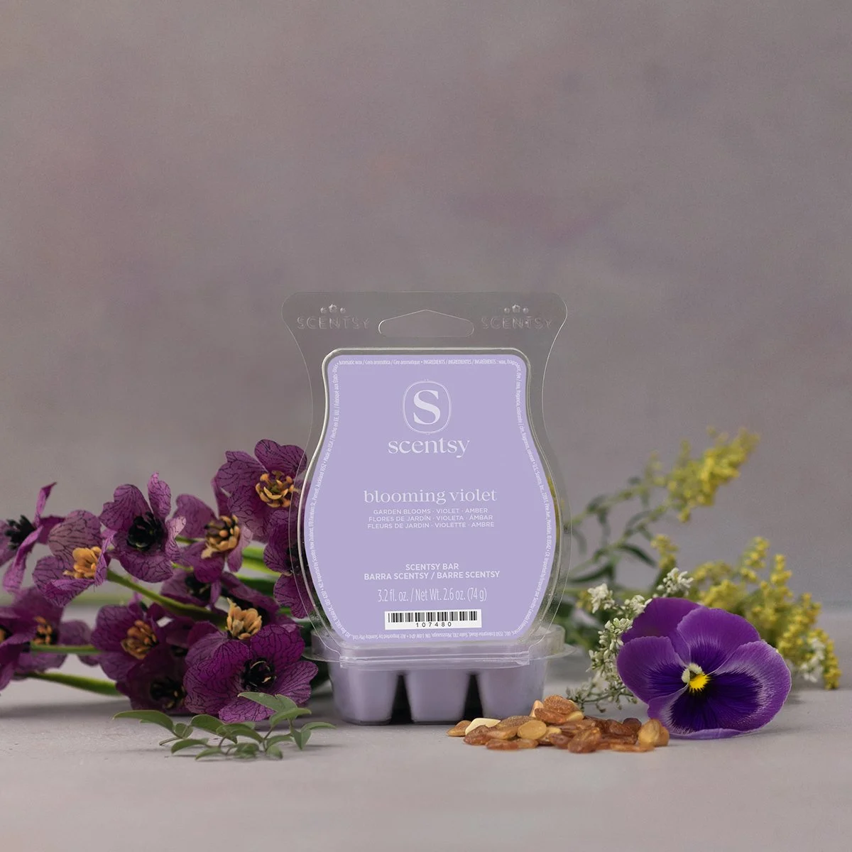 Blooming Violet Scentsy Wax Bar styled with violet petals and garden florals against a soft, elegant background