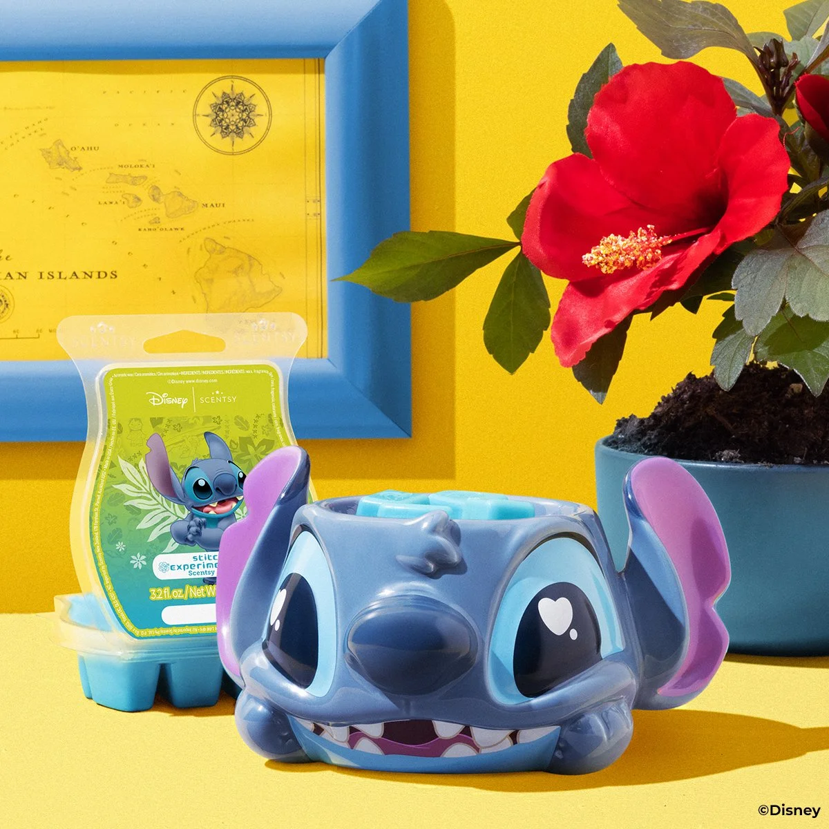 Disney Stitch Warm Fuzzies Scentsy Warmer displayed with the Disney Stitch: Experiment 626 Scentsy Bar, inspired by Disney's Lilo & Stitch collection.