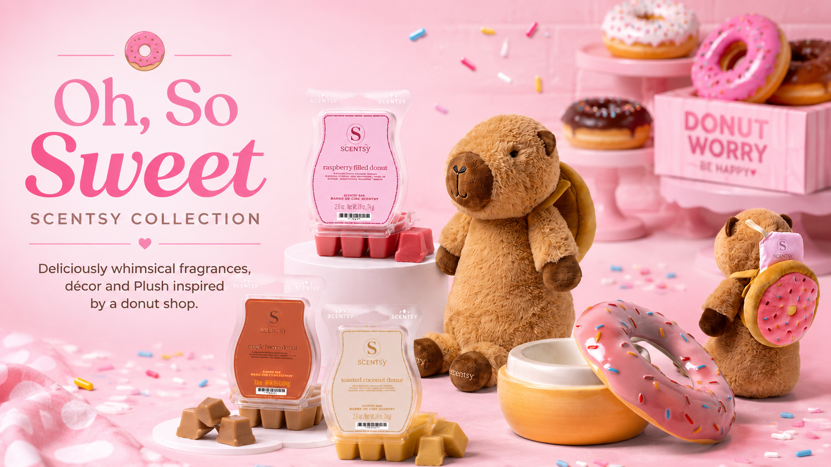 Oh, So Sweet Scentsy Collection featuring donut-inspired fragrances, warmer and plush