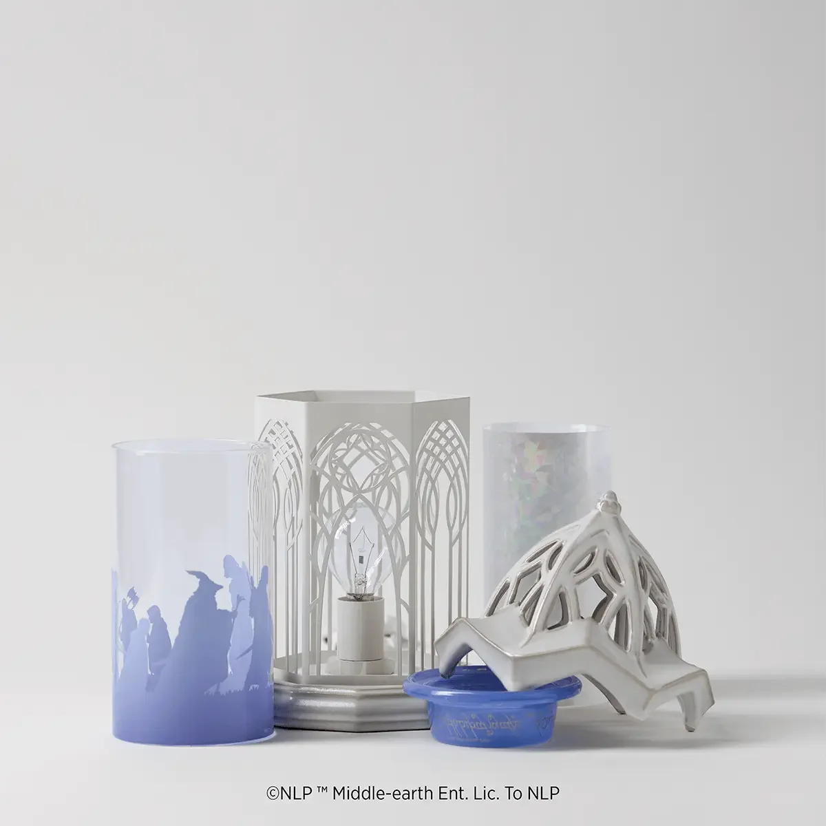 Rivendell Scentsy Warmer disassembled showing shade, Fellowship insert, wax dish and ceramic top