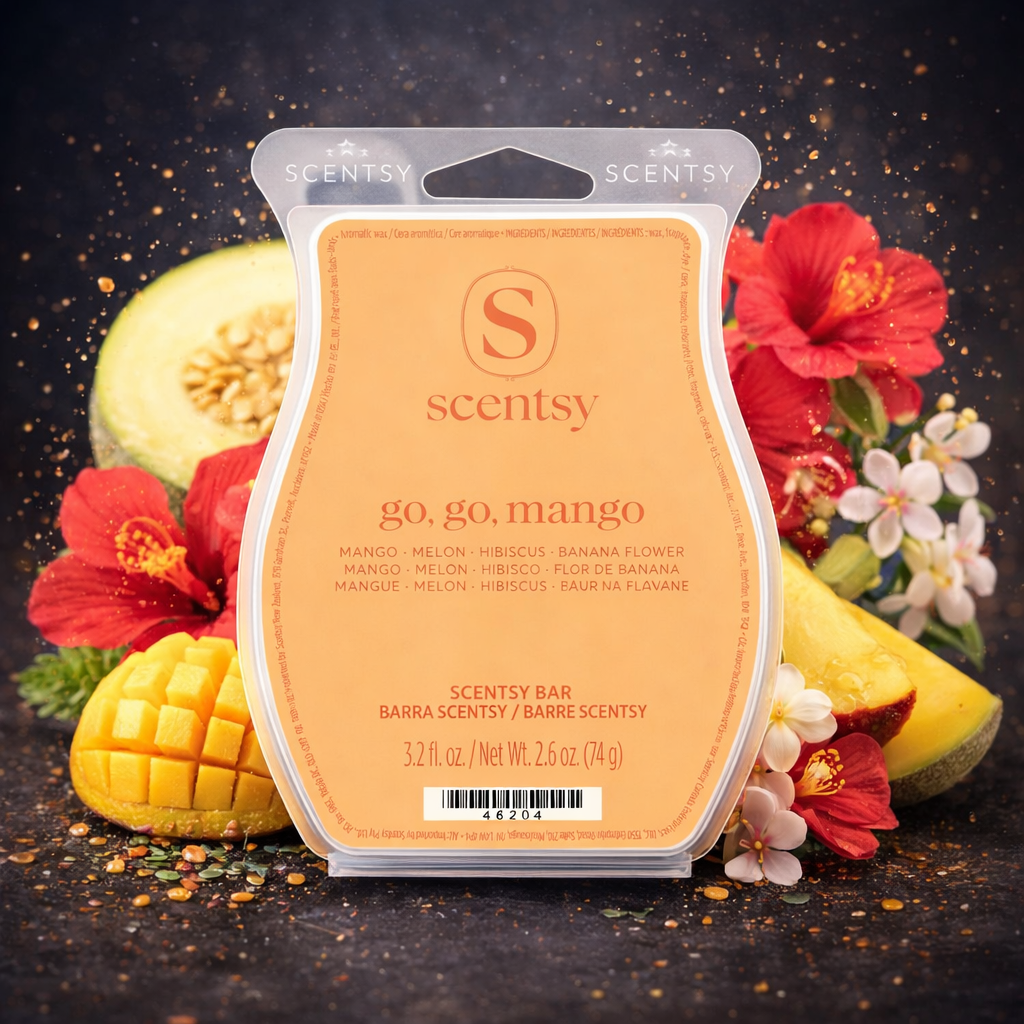 Go Go Mango Scentsy Wax Bar surrounded by juicy mango slices, fresh melon, hibiscus petals and banana flower with radiant tropical lighting and droplets.