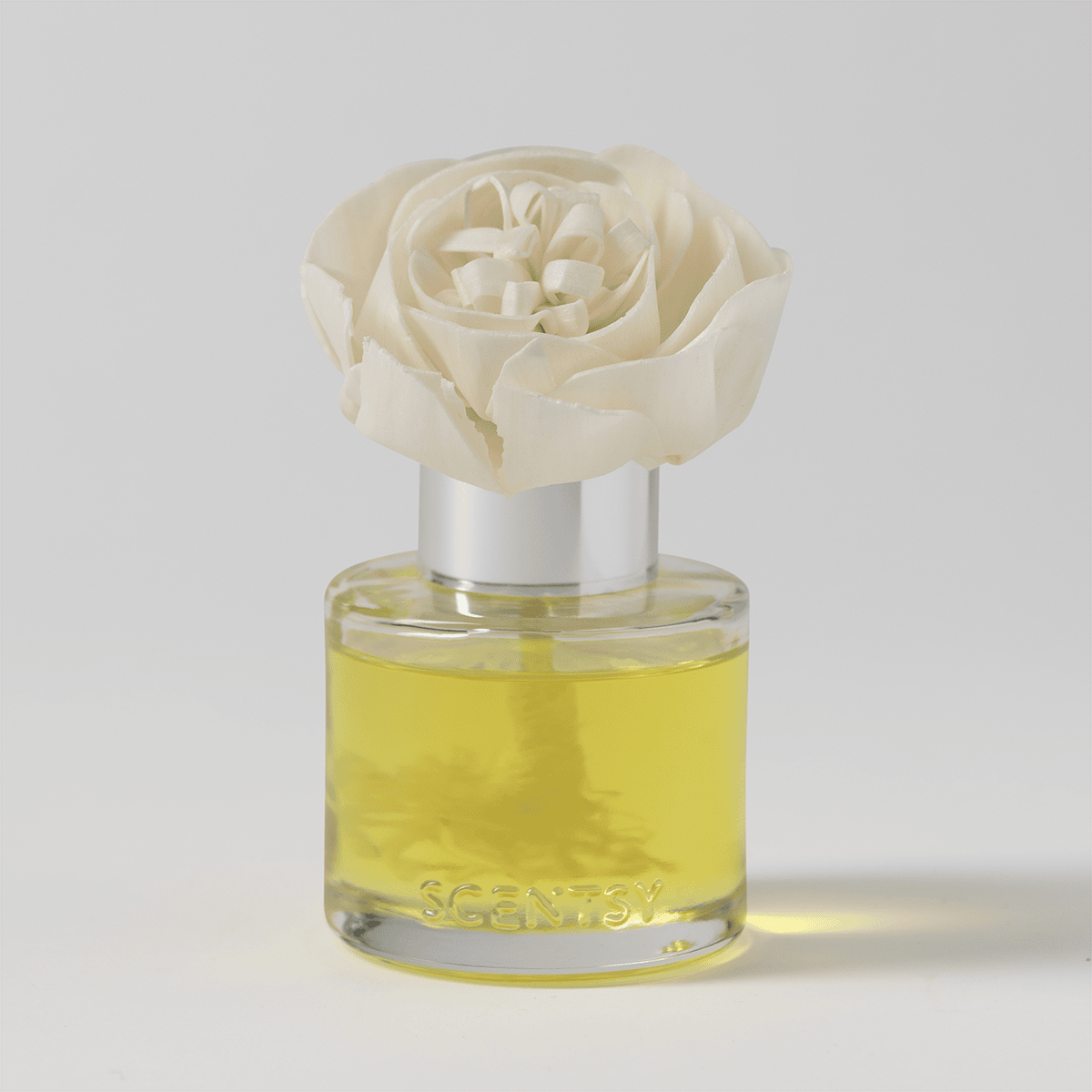 Scentsy Honeysuckle Dew Buttercup Belle Fragrance Flower in white displayed against a neutral grey background