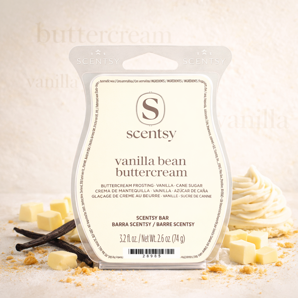 Vanilla Bean Buttercream Scentsy wax bar styled in a boutique square image with vanilla pods, butter cubes and frosting on a soft light neutral background.