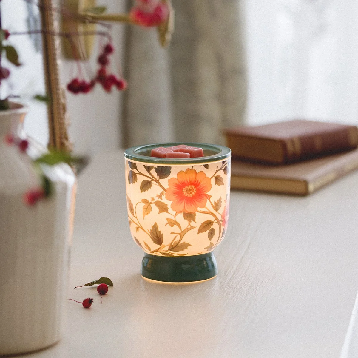 Petal & Vine Scentsy warmer styled on a table with classic décor accents