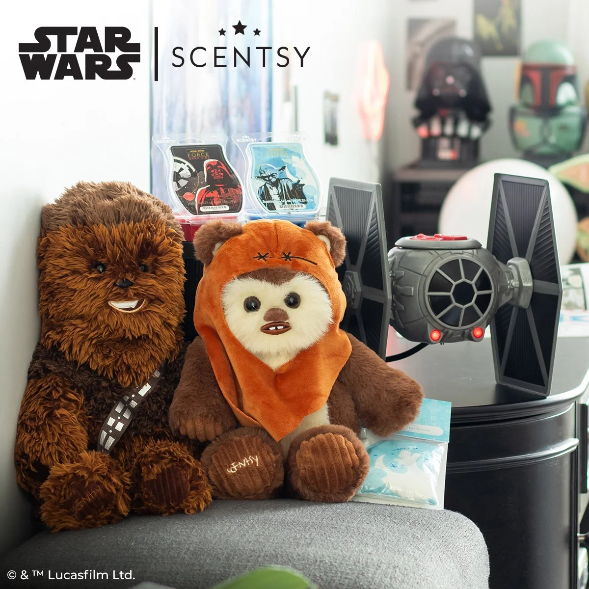 Ewok and Chewbacca Scentsy Buddies with TIE Fighter warmer and Star Wars wax bars in a cozy room setting