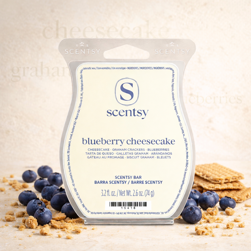 Blueberry Cheesecake Scentsy wax bar styled in a boutique square image with fresh blueberries and graham cracker crumbs on a soft neutral background.