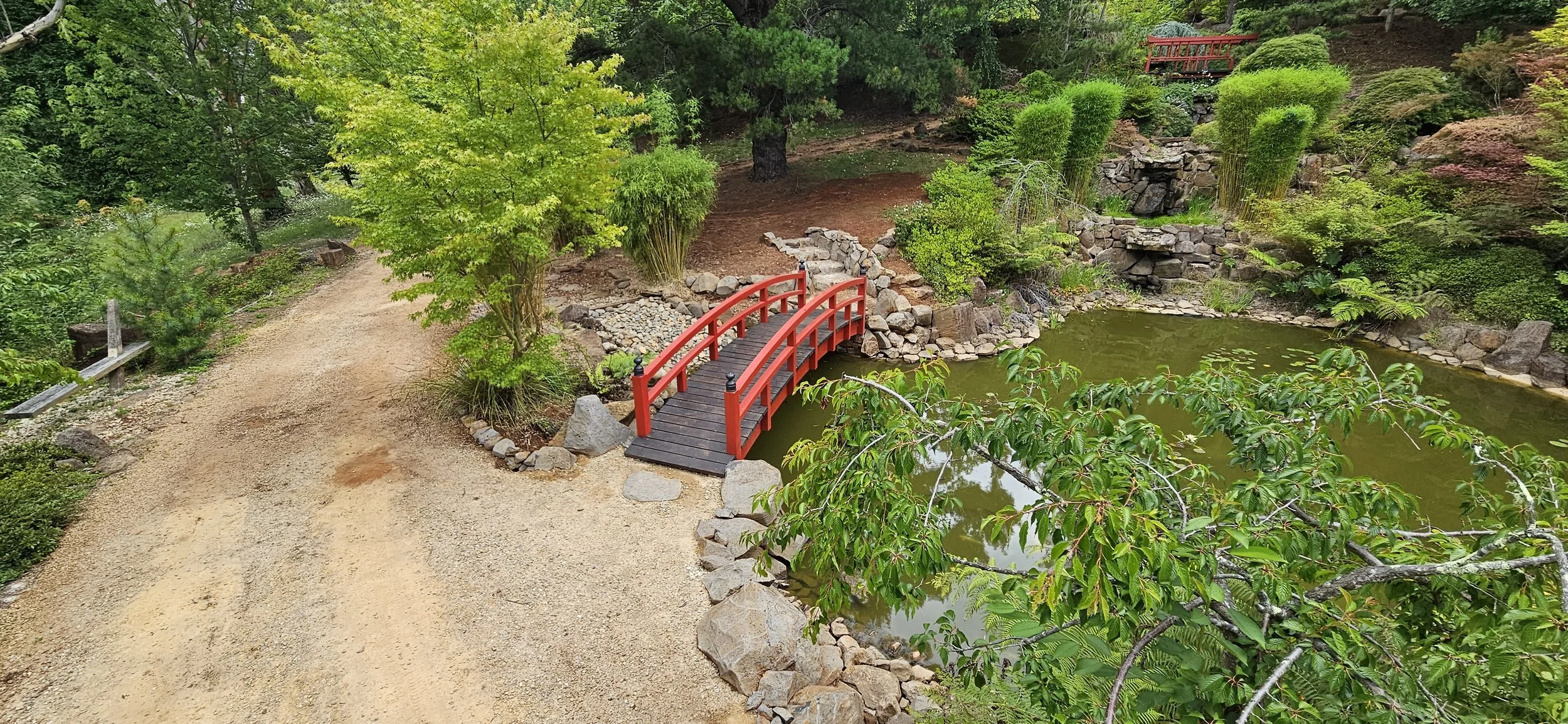 A tranquil garden scene with a red arched footbridge crossing a pond, surrounded by lush greenery and trees. There is a gravel path on the left and rocks bordering the pond.