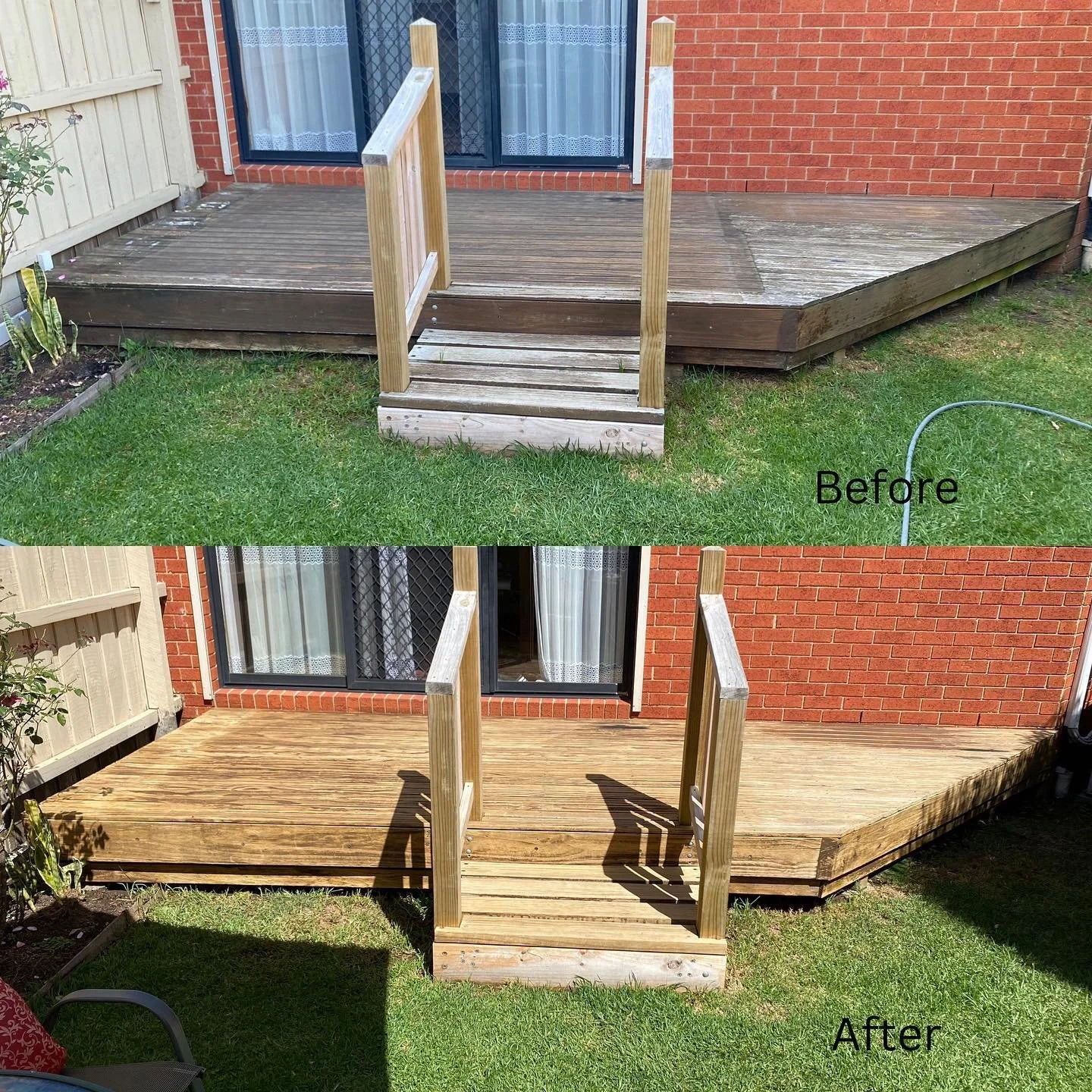 At Jm Pressure washing we take pride in every job we do. On this job we noticed that parts of the deck where starting get a bit old and frail. so we relied greatly on our pre treat to do most of the work for us so we don&rsquo;t have to use high pres