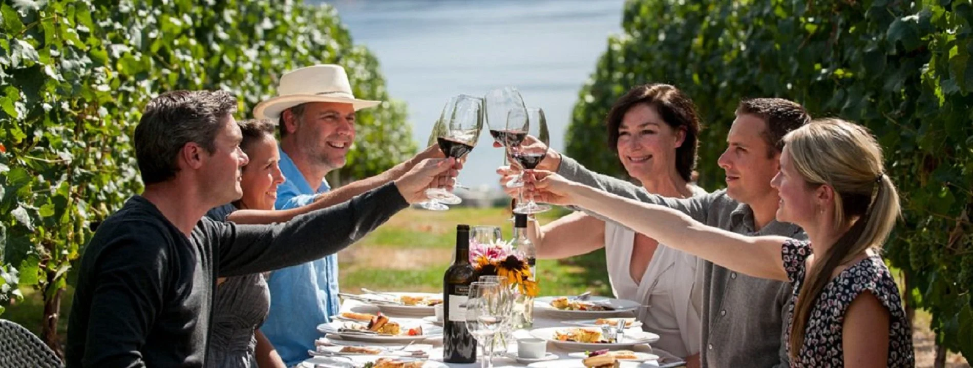 Six adults raising glasses of red wine in a toast at a vineyard outdoor dinner table. Chauff-Her wine tours!