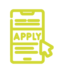 Outline of a smartphone screen with a cursor pointing to an 'APPLY' button, indicating an online application process.