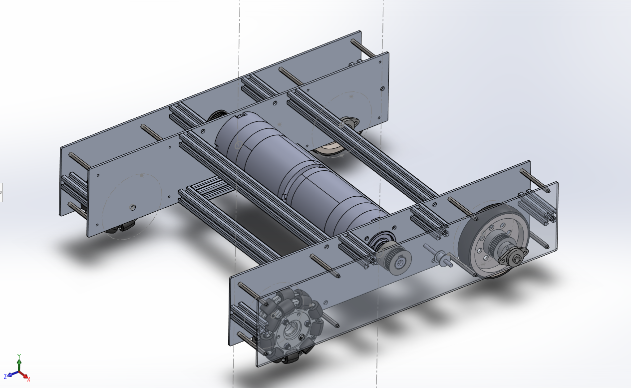 Using SolidWorks CAD software the robotic platform with the drive system was created. featuring a belt drive system using M3 high torque toothed belts and a tensioning system.
