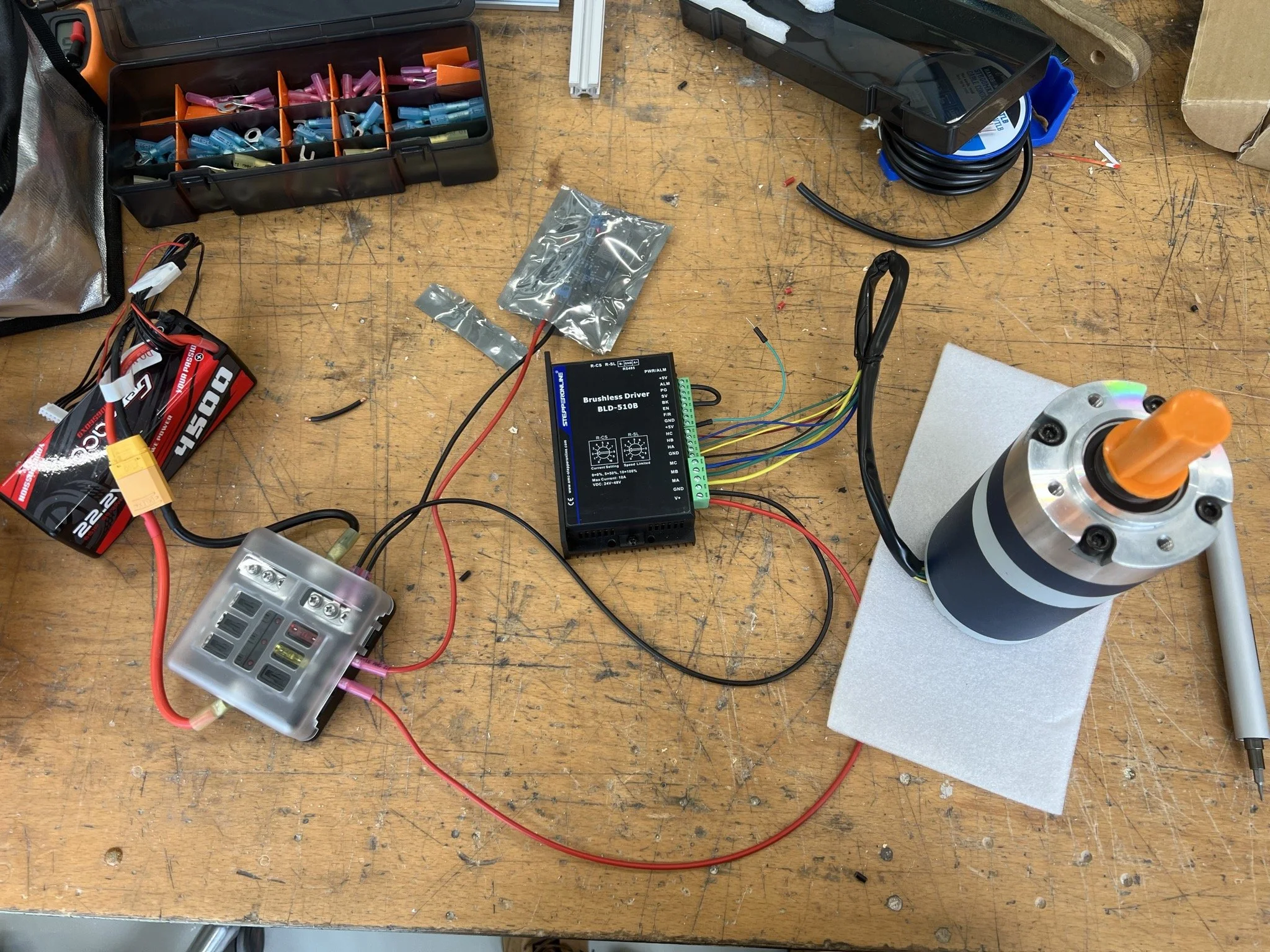 The motor controller and motor was connected to the system and the motor was successfully tested using simple motor controls.