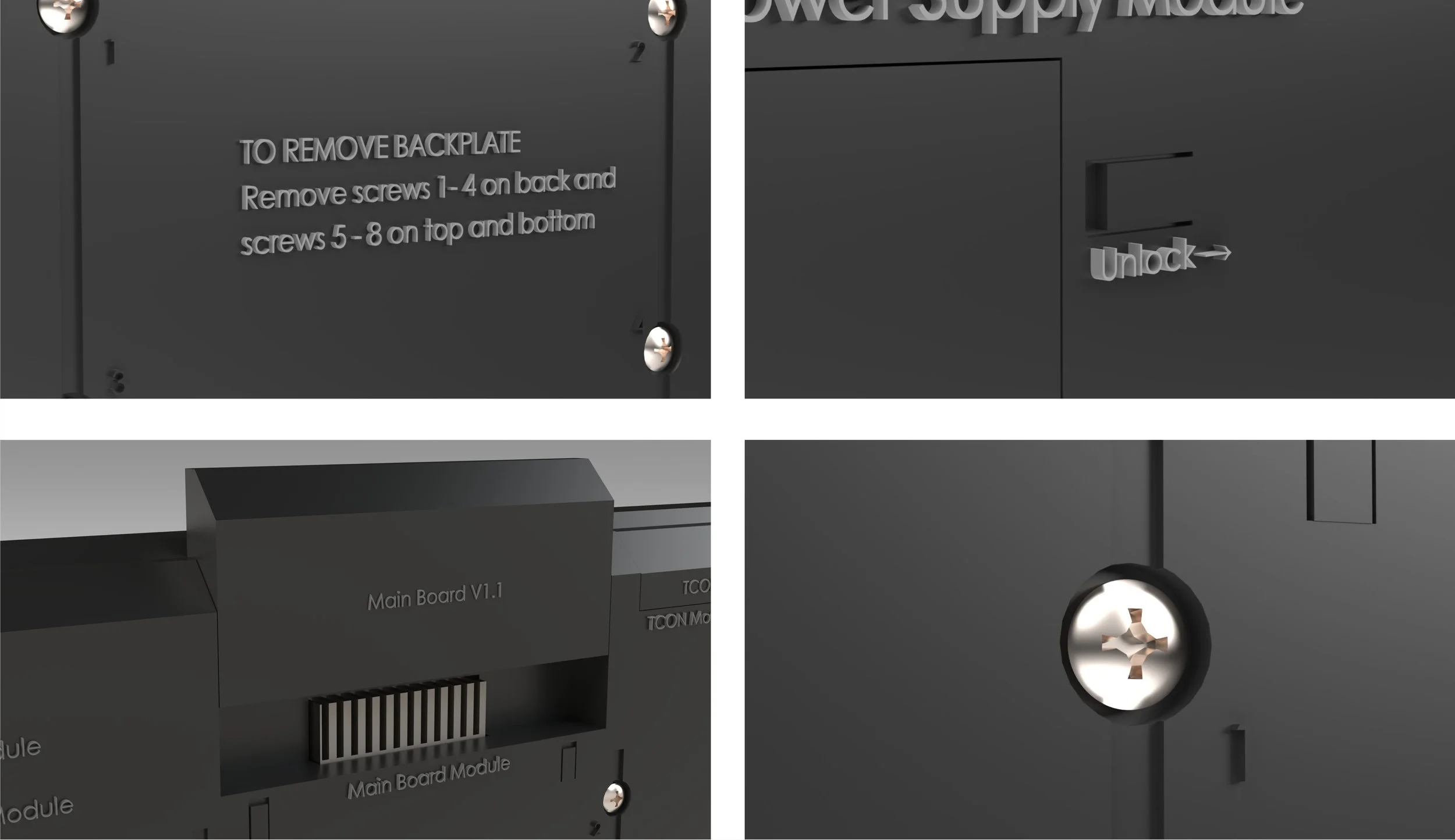 The design features embossed instructions for user to help manual disassembly for repair and refurbishment. Additionally, user friendly connections, such as spring loaded latches increase accessibility. The modules that are easily accessible allow fo