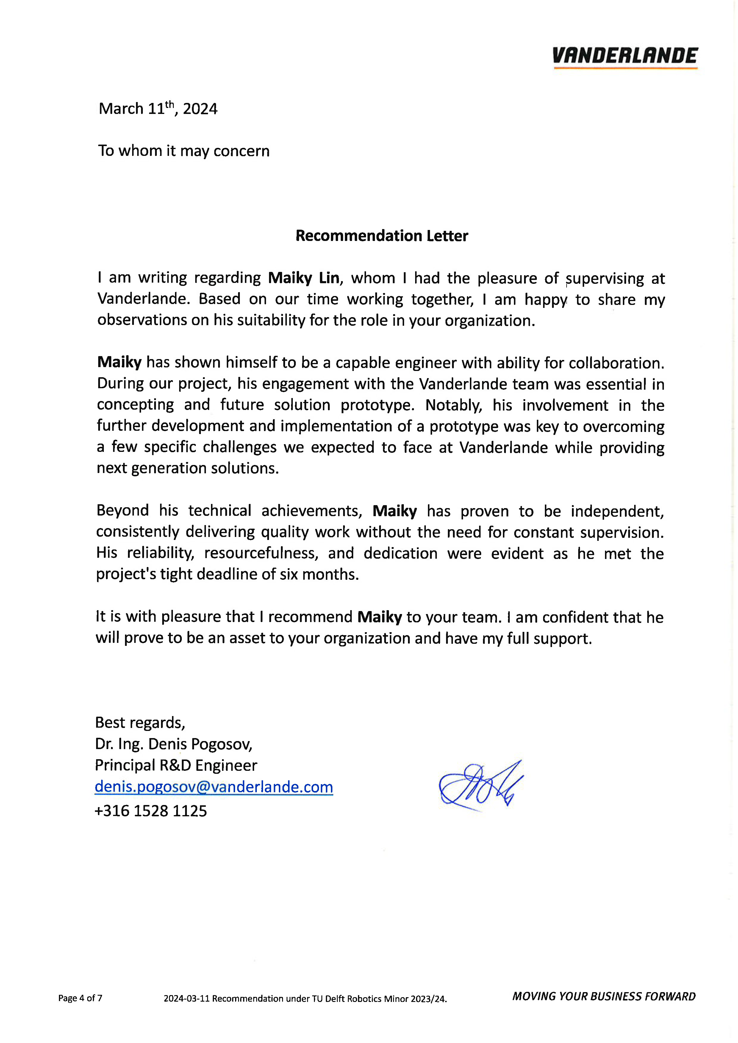 Letter of Recommendation for exceptional effort and results for the Robotic Minor Project.