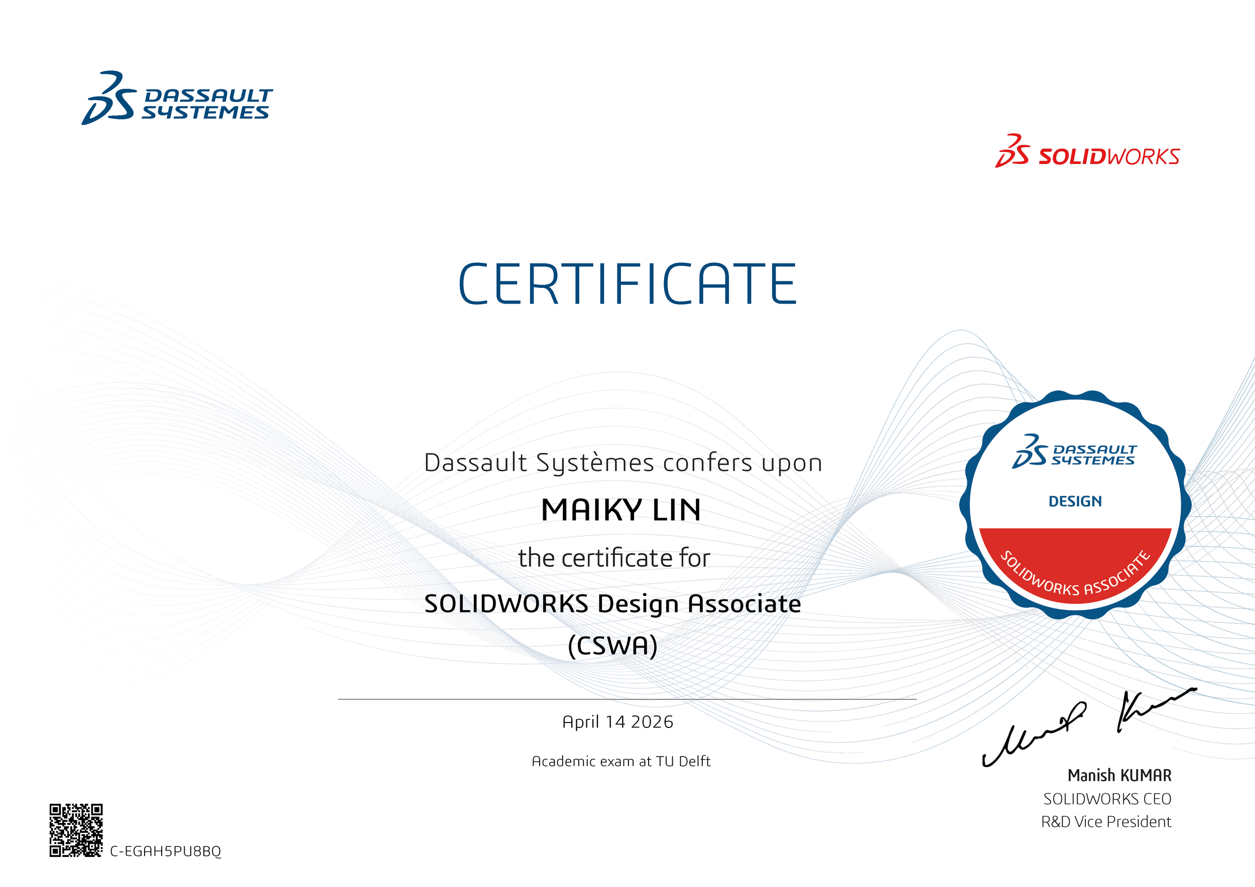 This associate level certification proves fundamental knowledge and basic skills in the SolidWorks software.