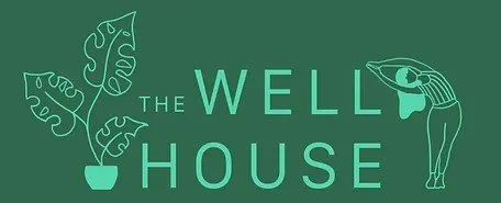 Green logo with the text 'The Well House,' featuring an illustration of a potted plant and a person stretching.