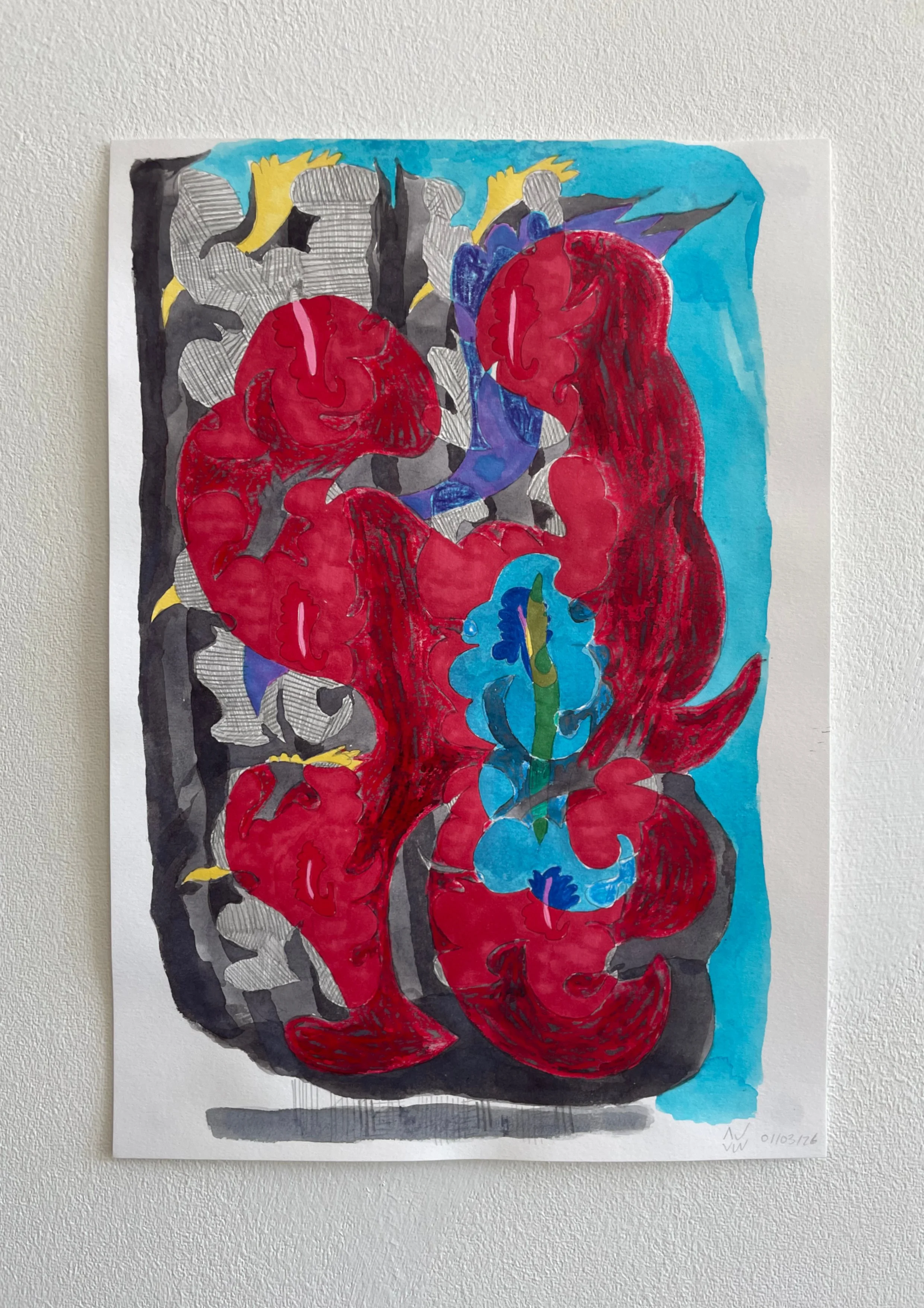 Pencil, ink, marker and coloured pencil on paper