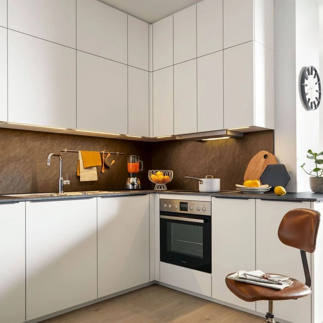 Modern kitchen with white cabinets, a toaster oven, a brown backsplash, a countertop with a blender, bowl of fruit, chopping boards, lemons, and a potted plant. A clock on the wall and a brown chair with a stack of napkins.