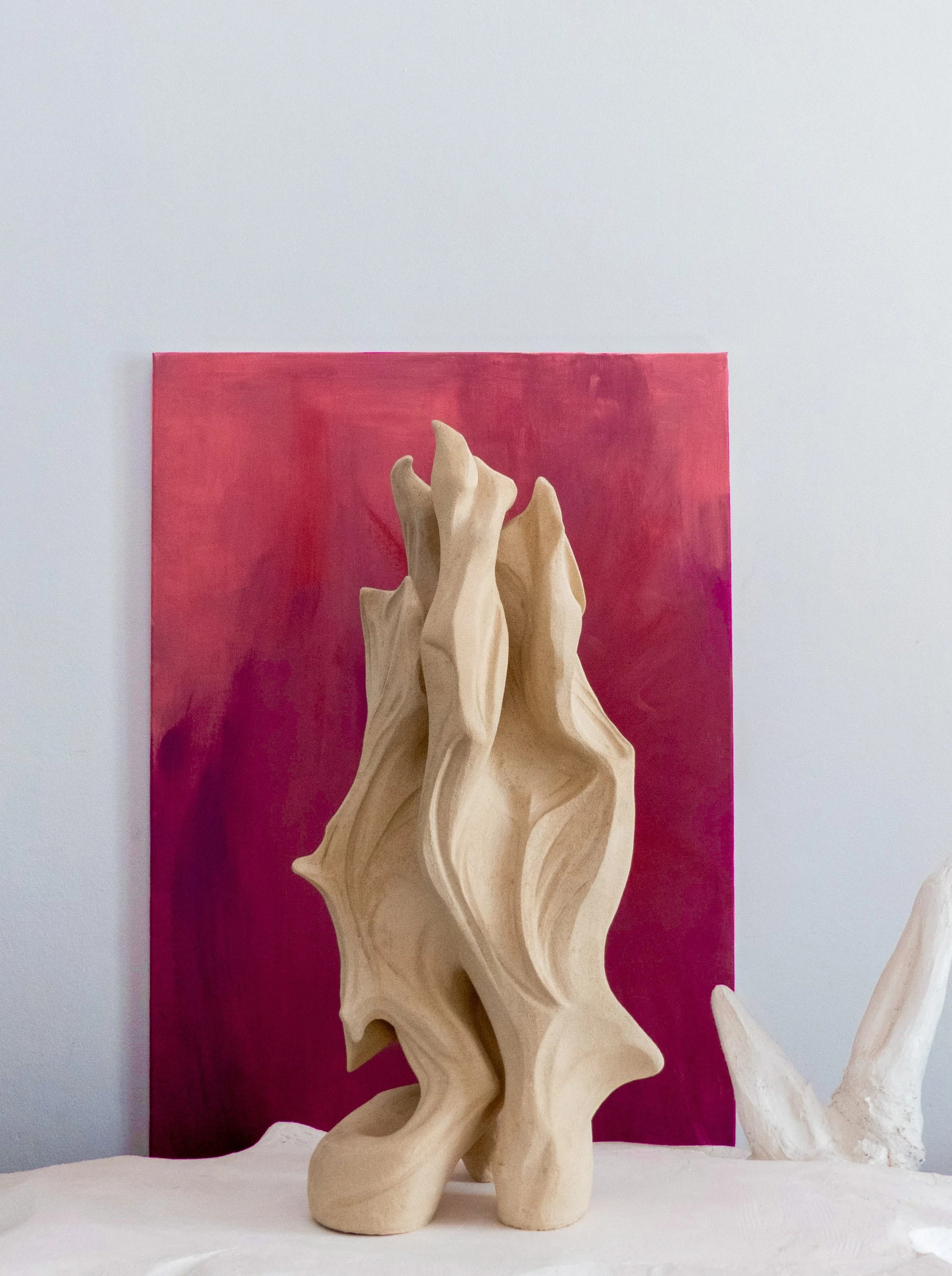 Abstract wooden sculpture on white surface with a pink-red painted background.