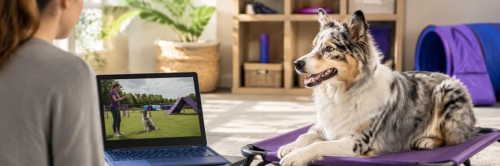 Dog resting on a training platform beside a laptop showing an online agility lesson.